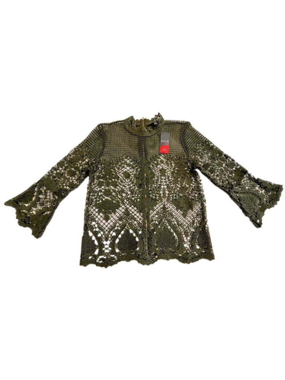 Bold Elements Women’s Size M Green Crochet Lace Zip‑Front Bell Sleeve Top